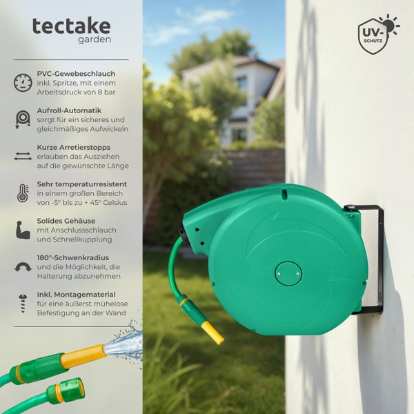 Automatische Schlauchaufroller mit Gartenschlauch und UV-Schutz