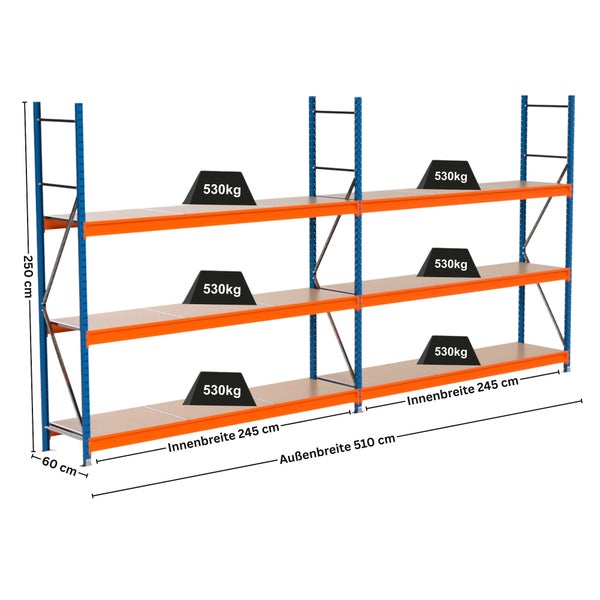 Regalsystem mit drei Ebenen und Maßangaben