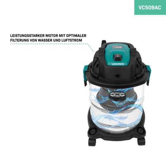 VONROC Nass und Trockensauger VC509AC mit leistungsstarkem Motor und effizienter Wasser und Luftstromfilterung.