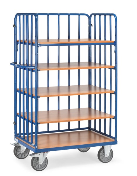 Rollregal mit vier Holzablagen und blauem Metallrahmen
