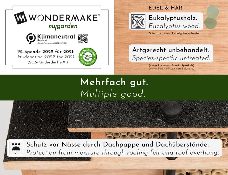 WONDERMAKE - Design Insektenhotel aus Eukalyptus-Holz mit 7 Zimmern und Terrasse, Bienenhotel groß hängend Nisthilfe für Wildbienen, braun schwarz