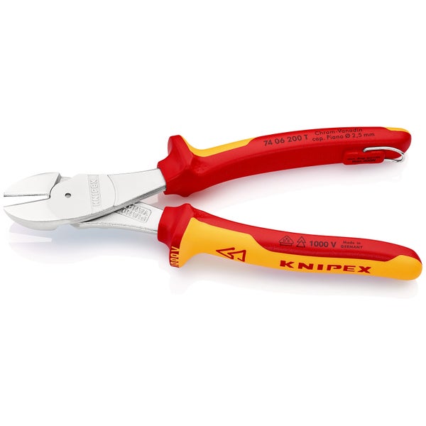 Knipex Kraft-Seitenschneider mit Befestigungsöse verchromt, isoliert mit Mehrkomponenten-Hüllen, VDE-geprüft; mit integrierter isolierter Befestigungsöse zum Anbringen einer Absturzsicherung 200 mm - 7406200TBK