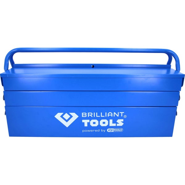 Blauer Brilliant Tools Werkzeugkasten aus Metall mit Tragegriff und ausziehbaren Fächern.