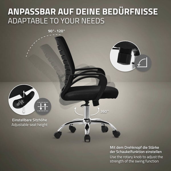 ML-Design Bürostuhl ergonomisch, Schwarz, Höhenverstellbarer Schreibtischstuhl mit Armlehnen, Computerstuhl mit atmungsaktiver Netzbespannung, Wippfunktion, 360° Drehstuhl mit Rollen, Gaming Stuhl