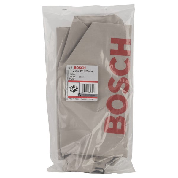 Grauer Staubbeutel aus Stoff mit Bosch Logo für die Tischkreissäge GTS 10 in transparenter Kunststoffverpackung.