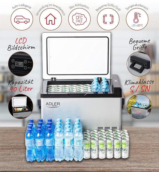 JUNG ADLER AD8081 Mini Kühlschrank/Gefrierfach klein, 40L, Kompressor Kühlbox, Gefrierschrank Minikühlschrank, 2 Anschlüsse (Zigarettenanzünder & Steckdose) LCD Display