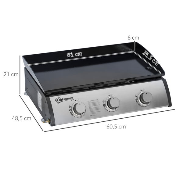 Outsunny Gasgrill 10000BTU/2,5 KW Gas-Grill inkl 3 Edelstahl-Brenner Druckminderer, Gasschlauch, BBQ Gartengrill für Balkon, Camping-Grill 63 x 48 x 21 cm