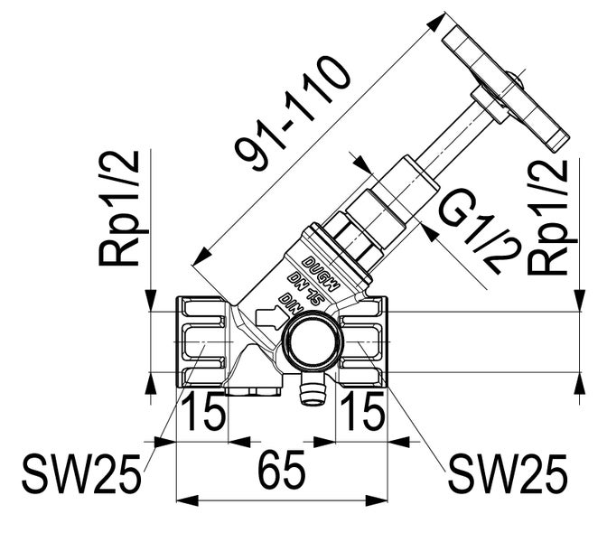 Technische Zeichnung eines Schrägsitzventils mit Nennweite 15, Anschlüssen ein halb Zoll und Maßangaben in Millimetern.