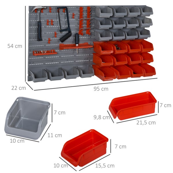 DURHAND, Wandregal mit Stapelboxen, Werkzeuglochwand, 54B x 22T x 95H cm, Kunststoff, Rot