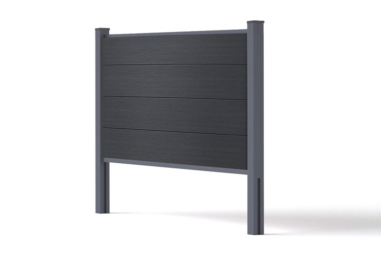 Sichtschutzzaun-Set in Anthrazit mit Holzmaserung, bestehend aus horizontalen Paneelen und zwei Metallpfosten.