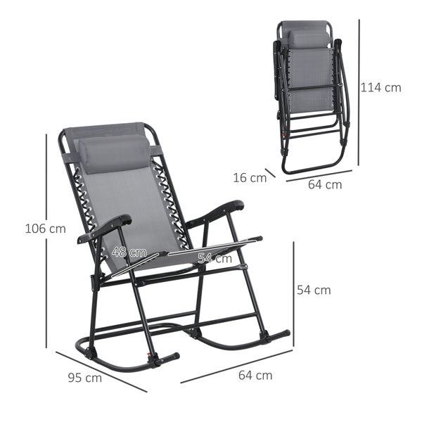 Outsunny Schaukelstuhl, Klappbar Gartenstuhl mit Kopfkissen, bis 120 kg, 95 x 64 x 106 cm, Mesh, Hellgrau