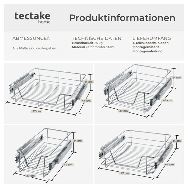 Produktinformationen zu den Tectake Home Teleskopschubladen mit den Abmessungen