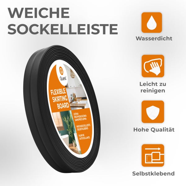 Eine Rolle weiche, selbstklebende Sockelleiste von Quest mit Symbolen für wasserdicht, leicht zu reinigen, hohe Qualität und einfache Montage.