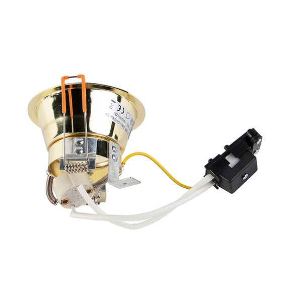 Einbaustrahler-Gehäuse mit Montagefedern, Keramikfassung und Anschlusskabel mit Lüsterklemme.