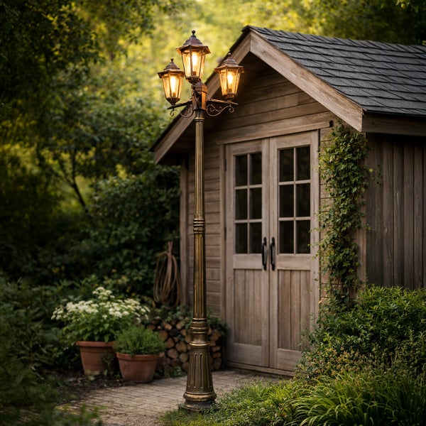 Klassische dreiflammige Außenleuchte im Garten vor einem Holzhaus mit Pflanzen.