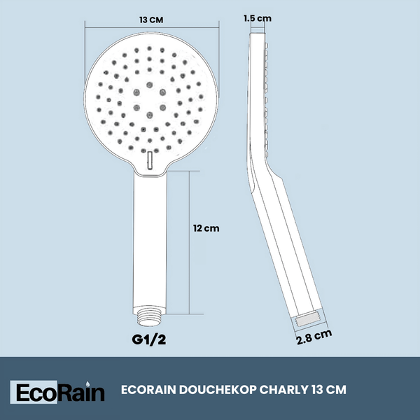 EcoRain 50% Wassersparender Duschkopf Charly 13 CM mit Duschschlauch und Wasserfilter - 3 Strahlarten - Universeller Anschluss - Anti-Kalk Duschkopf - Chrom