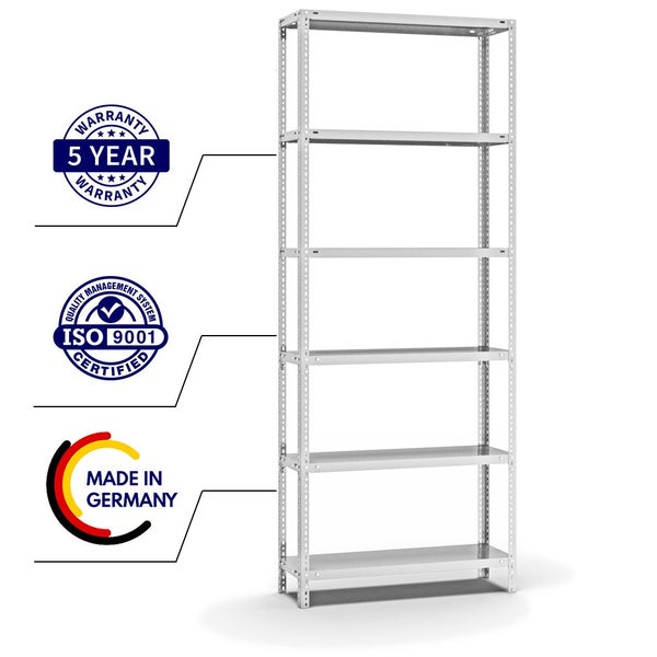 PROREGAL Fachbodenregal Schraubsystem Medium-Duty Grundregal HxBxT 250 x 100 x 30 cm 6 Ebenen Fachlast 200 kg Beidseitig Nutzbar Lichtgrau