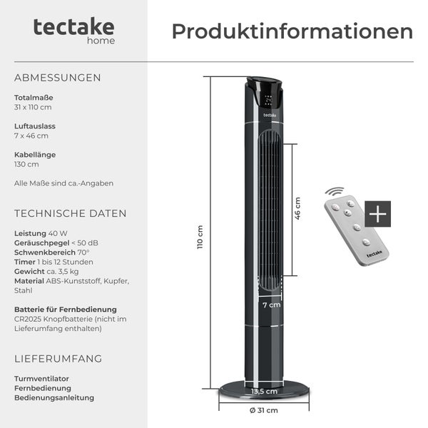 tectake home Logo und Produktinformationen: Turmventilator mit Maßen 31 mal 110 Zentimeter, 40 Watt Leistung, Fernbedienung und technischen Daten.