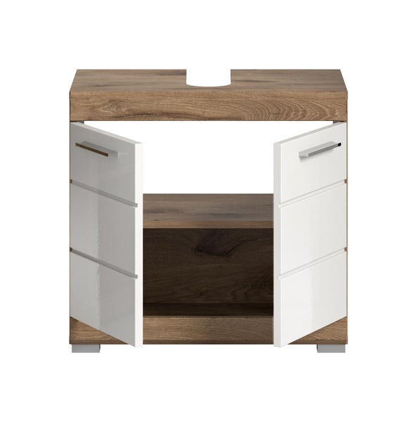 Waschbeckenunterschrank mit zwei geöffneten Türen, Korpus in Holzoptik, weiße Fronten mit horizontalen Rillen, Siphonausschnitt.