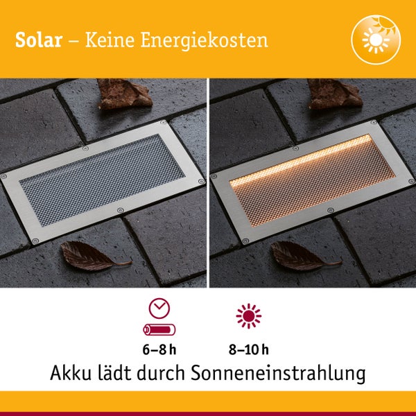 Solarbetriebene Bodeneinbauleuchte aus Edelstahl. Akku lädt durch Sonnenlicht. Ladezeit 6 bis 8 Stunden, Leuchtdauer 8 bis 10 Stunden.
