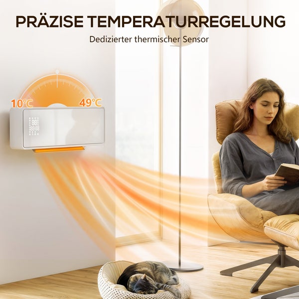 Wohnzimmer mit Infrarotheizung, Frau im Sessel und Katze im Korb.