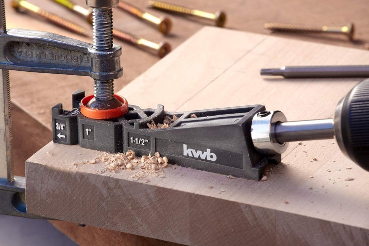 kwb Taschenloch-Bohrschablone/Bohrlehre inkl. 9 mm Bohrer, Tiefenstop und TX-20 Bit 150 mm, 122 - 38 brettstärken