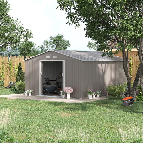 Outsunny Gerätehaus 12,4 m², Gartenhaus mit Pultdach, Schiebetür, Fundament, 386 x 340 x 200 cm, Geräteschuppen aus Verzinkter Stahl, wetterfest, für Garten, Hellgrau