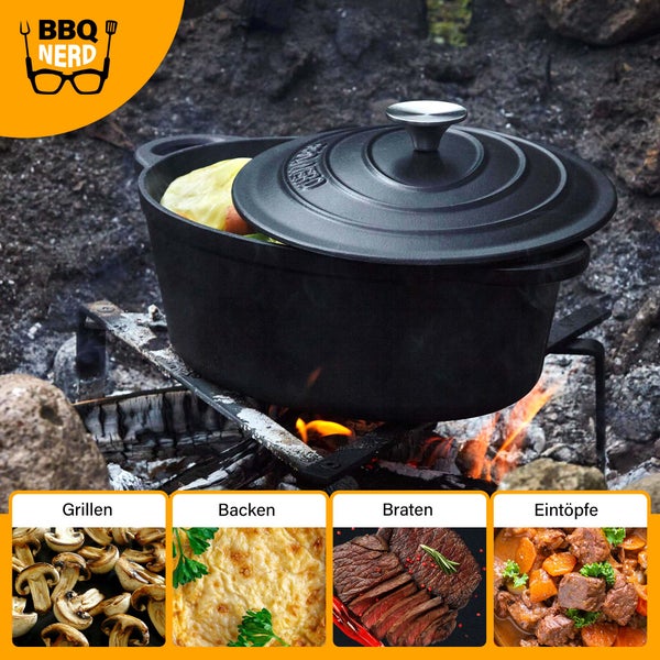BBQ-Nerd Bräter (rund) mit Deckel 6,3 L aus Gusseisen mit Emaille-Beschichtung | Bratentopf Kochtopf Gusseisentopf - ideal zum langsamen Garen | Energieeffiziente, wärmespeichernde Cocotte