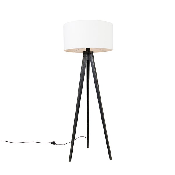 QAZQA - Modern Stehleuchte I Stehlampe I Standleuchte I Lampe I Leuchte Stativ schwarz mit Schirm weiß 50 cm - Tripod I Dreifuß Lampe I Dreifuss Classic I Wohnzimmer I Schlafzimmer - Holz Rund - LED g