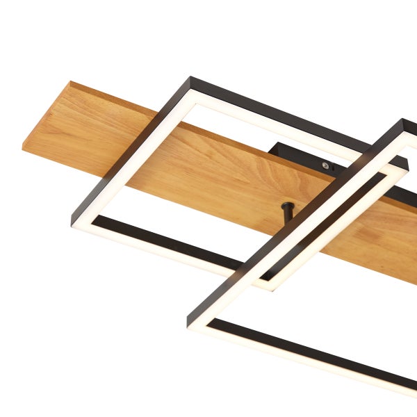 Moderne LED Deckenleuchte mit eckigen Metallrahmen und Holzelement für eine wohnliche Beleuchtung.
