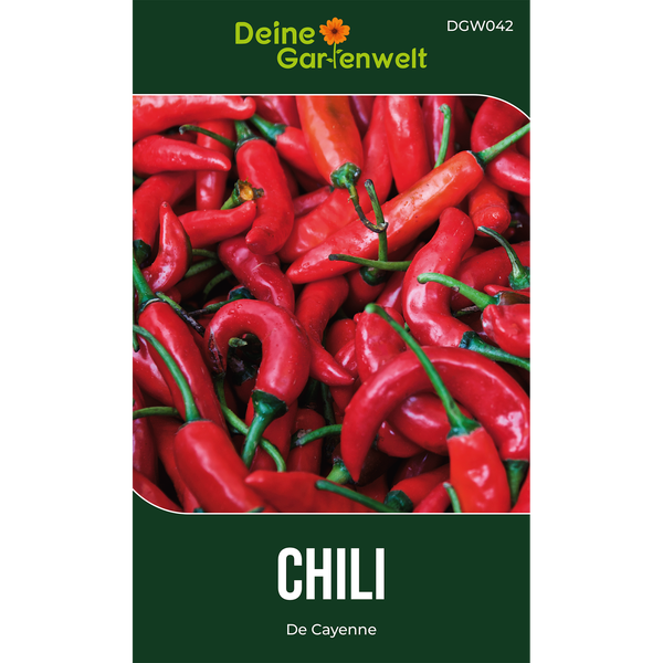 Samenpackung für Chili De Cayenne von Deine Gartenwelt mit einer Detailaufnahme roter Chilischoten.