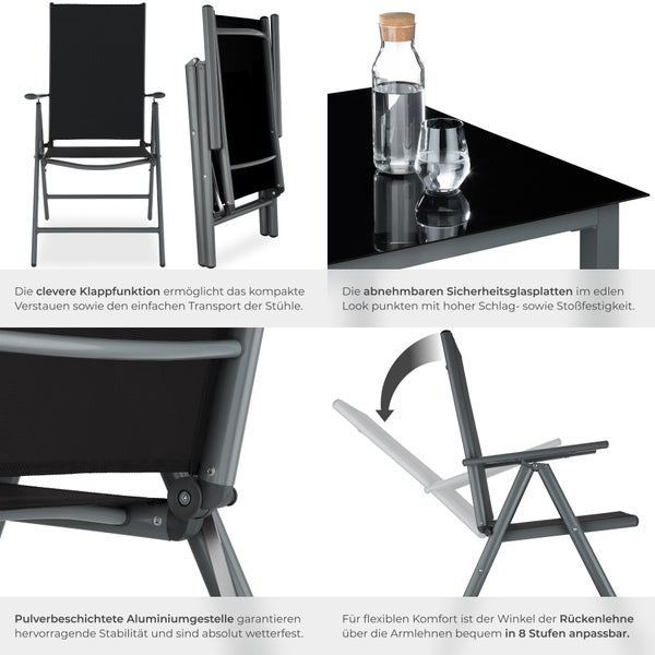 Sitzgruppe tectake Pompeii Tisch mit Sicherheitsglasplatten und Ausgleichsschrauben mit Aluminiumgestell, für 8 Personen anthrazit