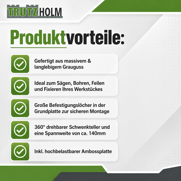 Infografik der Produktvorteile für einen Trutzholm Schraubstock aus Grauguss mit drehbarem Schwenkteller und Ambossplatte.