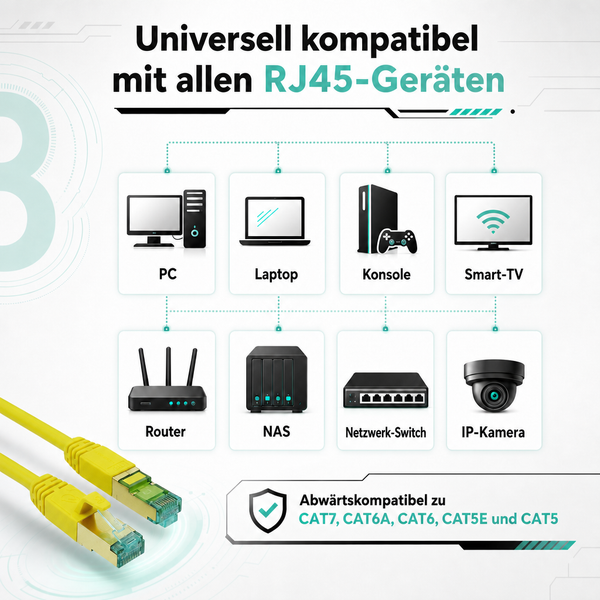 RJ45-Netzwerkkabel, universell kompatibel mit PC, Laptop, Konsole, Smart-TV, Router, NAS und Switch. Abwärtskompatibel zu CAT5, CAT6 und CAT7.