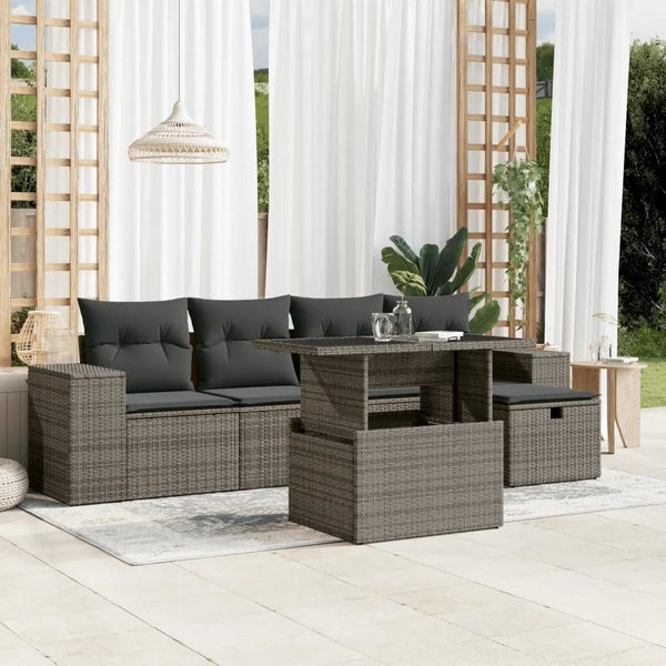 6-tlg. Garten-Sofagarnitur mit Kissen Grau Poly Rattan