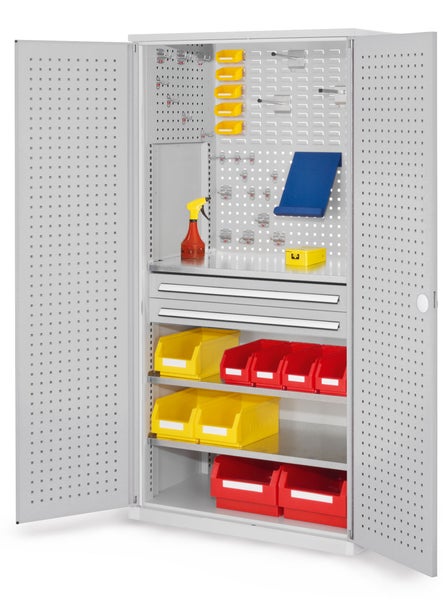 Werkstattschrank mit Regalen, Schubladen und Aufbewahrungsbehältern