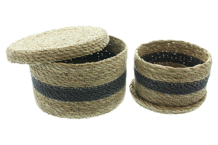FRANK FLECHTWAREN | Füllkorb Karima mit Deckel, 2er Set, SEEGRAS, Ø 15 x 10 cm, Ø 20 x 12 cm