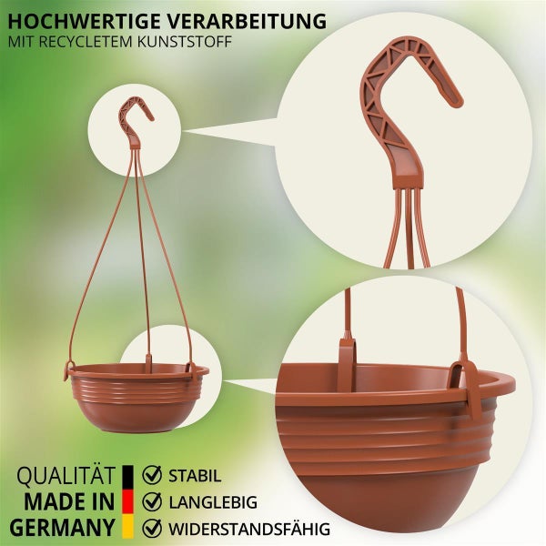 Hängeampel aus recyceltem Kunststoff mit Detailansicht des Aufhängers und des Pflanztopfes zur Veranschaulichung der stabilen Verarbeitung
