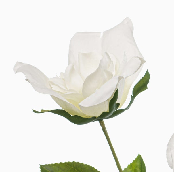 Künstliche Rosenknospe mit dornigem Stiel und grünen Blättern.