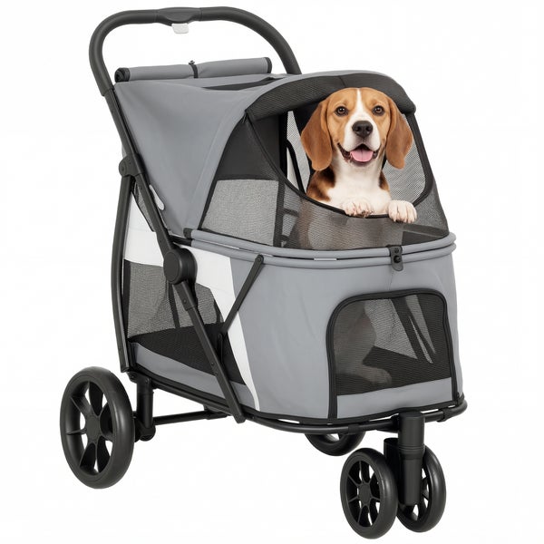Grauer Hundebuggy mit einem Beagle im Inneren, ausgestattet mit Netzeinsätzen und vier Rädern für den Transport von Haustieren.