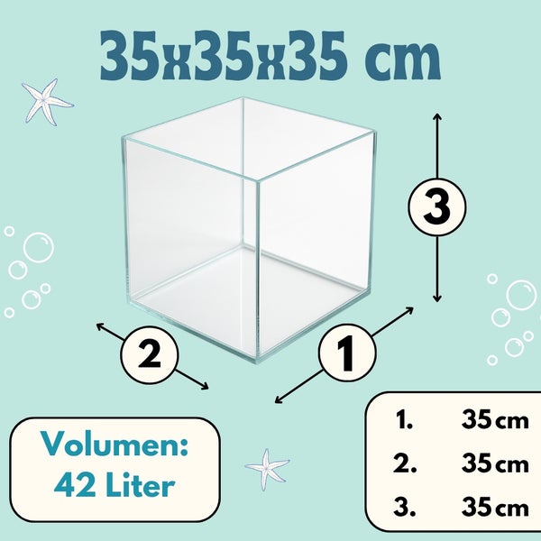 Abbildung eines transparenten Aquariums mit den Maßen 35x35x35 cm und einem Volumen von 42 Litern