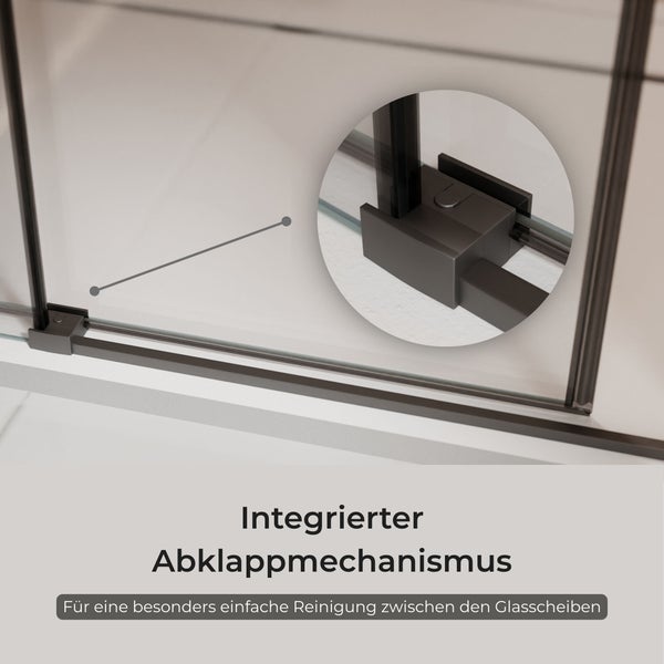 Integrierter Abklappmechanismus einer Duschkabine zur einfachen Reinigung zwischen den Glasscheiben.