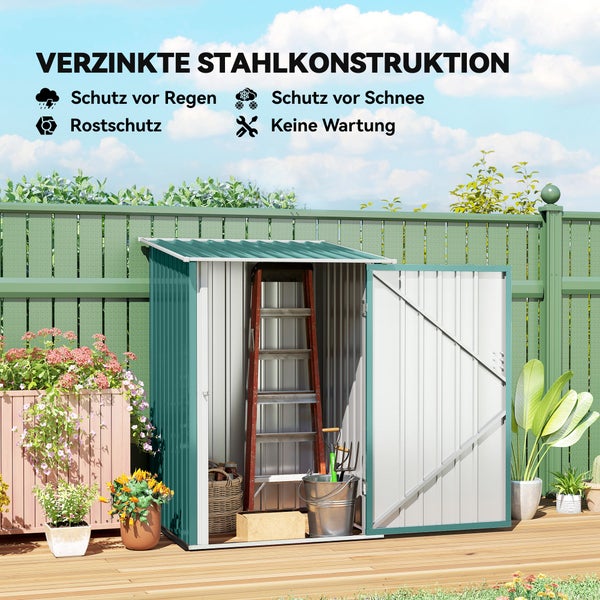 Verzinktes Gerätehaus aus Stahl mit Regen- und Schneeschutz, rostfrei und wartungsfrei, mit Leiter und Werkzeug im Inneren.