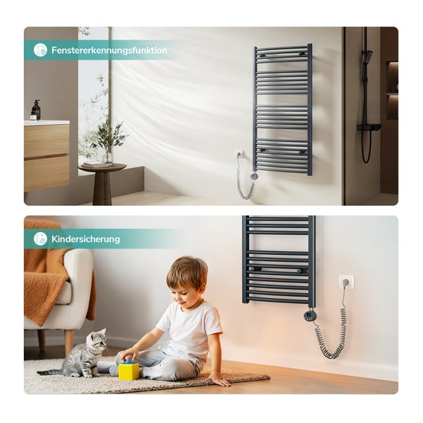 Elektrischer Badheizkörper mit Fenstererkennungsfunktion und Kindersicherung, dargestellt in einem Badezimmer und einem Wohnraum mit Kind und Katze.