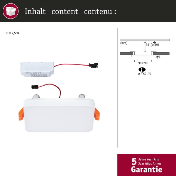 Quadratische LED-Einbauleuchte mit 7,5 Watt und Treiber. Maße 90 mal 90 Millimeter, Ausschnitt 50 bis 70 Millimeter, 5 Jahre Garantie.