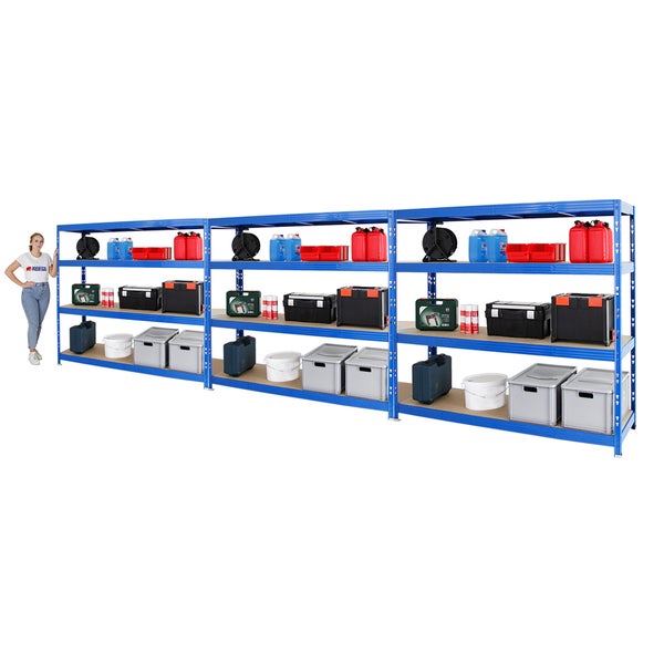 PROREGAL Mega Deal 3x Profi Schwerlastregal Rhino HxBxT 180 x 200 x 60 cm 4 Spanplatten-Ebenen 16mm Fachlast 500 kg Blau