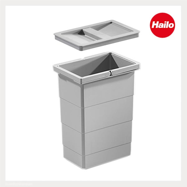 Grauer Mülleimer aus Kunststoff in rechteckiger Form mit passendem Deckel und Hailo Logo.