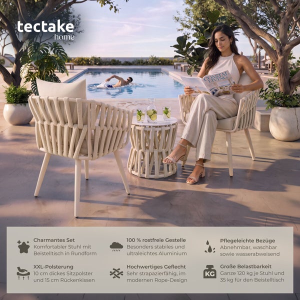 Tectake Home Lounge Set mit Sesseln und Beistelltisch in Rope-Design am Pool. Inklusive Informationen zu Belastbarkeit und Materialeigenschaften.