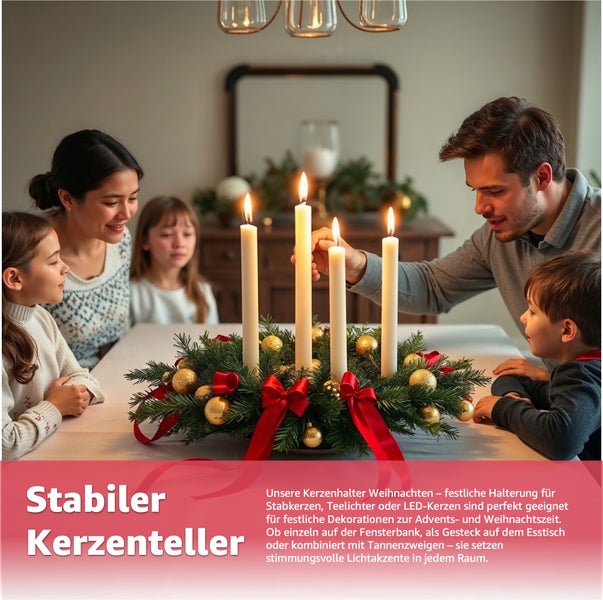 Familie am Tisch mit Adventskranz, Kerzen, Tannenzweigen und goldenen Kugeln zur Dekoration