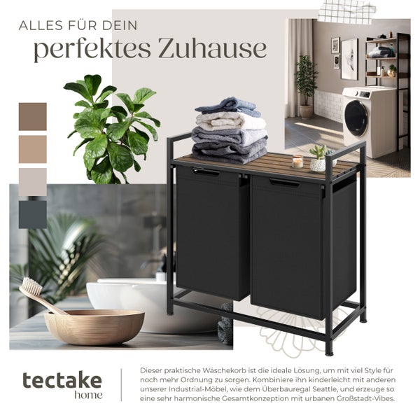 Wäschesortierer tectake  höhenverstellbare Kunststofffüße Industrial-Style, 2 oder 3 ausziehbare Fächer schwarz/braun